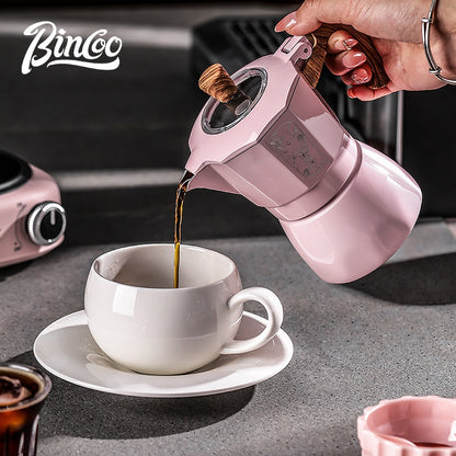 BINCOO Pink Series Double Valve Moka Pot Set with Electric Coffee Grinder Mini Portable Italian Espresso Coffee Utensil Kit for Home Use 2Cups/4Cups