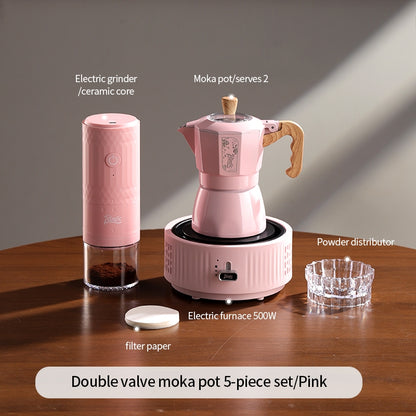 BINCOO Pink Series Double Valve Moka Pot Set with Electric Coffee Grinder Mini Portable Italian Espresso Coffee Utensil Kit for Home Use 2Cups/4Cups