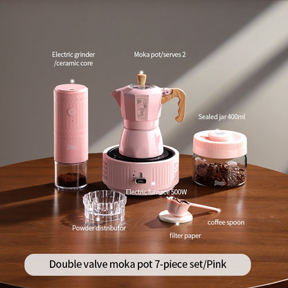 BINCOO Pink Series Double Valve Moka Pot Set with Electric Coffee Grinder Mini Portable Italian Espresso Coffee Utensil Kit for Home Use 2Cups/4Cups