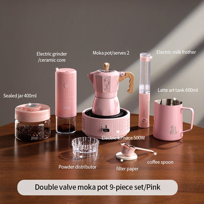 BINCOO Pink Series Double Valve Moka Pot Set with Electric Coffee Grinder Mini Portable Italian Espresso Coffee Utensil Kit for Home Use 2Cups/4Cups