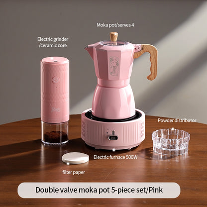 BINCOO Pink Series Double Valve Moka Pot Set with Electric Coffee Grinder Mini Portable Italian Espresso Coffee Utensil Kit for Home Use 2Cups/4Cups