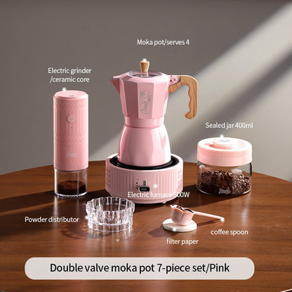BINCOO Pink Series Double Valve Moka Pot Set with Electric Coffee Grinder Mini Portable Italian Espresso Coffee Utensil Kit for Home Use 2Cups/4Cups