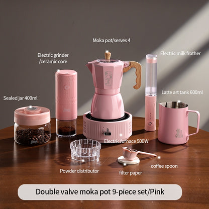 BINCOO Pink Series Double Valve Moka Pot Set with Electric Coffee Grinder Mini Portable Italian Espresso Coffee Utensil Kit for Home Use 2Cups/4Cups