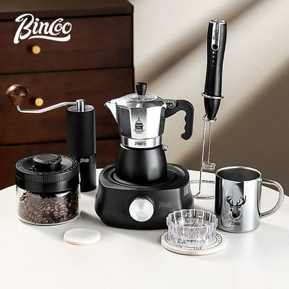 BINCOO Silver Black Double Valve Moka Pot with Electric Stove Grinder Airtight Can Set Full Espresso Coffee Tools Kit