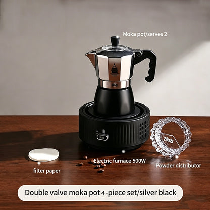 BINCOO Silver Black Double Valve Moka Pot with Electric Stove Grinder Airtight Can Set Full Espresso Coffee Tools Kit