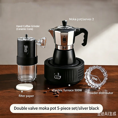 BINCOO Silver Black Double Valve Moka Pot with Electric Stove Grinder Airtight Can Set Full Espresso Coffee Tools Kit