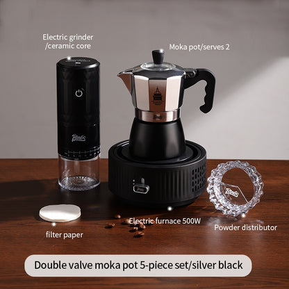 BINCOO Silver Black Double Valve Moka Pot with Electric Stove Grinder Airtight Can Set Full Espresso Coffee Tools Kit