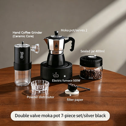 BINCOO Silver Black Double Valve Moka Pot with Electric Stove Grinder Airtight Can Set Full Espresso Coffee Tools Kit