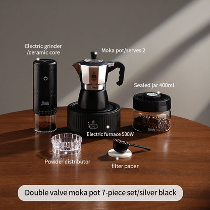 BINCOO Silver Black Double Valve Moka Pot with Electric Stove Grinder Airtight Can Set Full Espresso Coffee Tools Kit