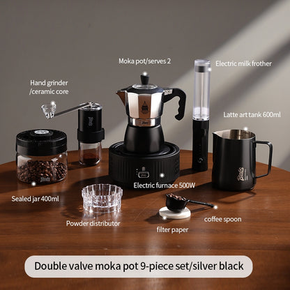 BINCOO Silver Black Double Valve Moka Pot with Electric Stove Grinder Airtight Can Set Full Espresso Coffee Tools Kit