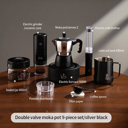 BINCOO Silver Black Double Valve Moka Pot with Electric Stove Grinder Airtight Can Set Full Espresso Coffee Tools Kit