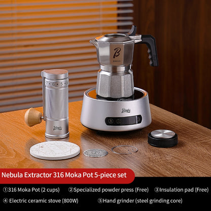 BINCOO Nebula Extractor 316 Stainless Steel Moka Pot with Built-in Filter Basket Coffee Extraction Pot Espresso Coffee Maker Set 2Cups