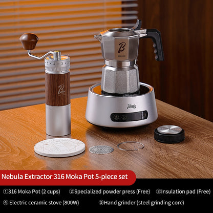 BINCOO Nebula Extractor 316 Stainless Steel Moka Pot with Built-in Filter Basket Coffee Extraction Pot Espresso Coffee Maker Set 2Cups