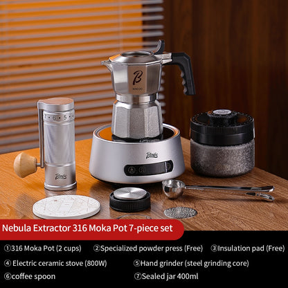 BINCOO Nebula Extractor 316 Stainless Steel Moka Pot with Built-in Filter Basket Coffee Extraction Pot Espresso Coffee Maker Set 2Cups