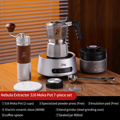 BINCOO Nebula Extractor 316 Stainless Steel Moka Pot with Built-in Filter Basket Coffee Extraction Pot Espresso Coffee Maker Set 2Cups