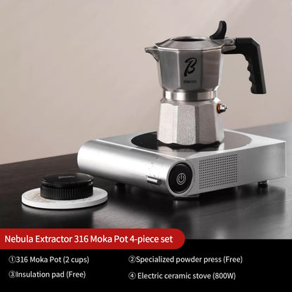 BINCOO Nebula Extractor 316 Stainless Steel Moka Pot with Built-in Filter Basket Coffee Extraction Pot Espresso Coffee Maker Set 2Cups