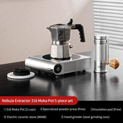 BINCOO Nebula Extractor 316 Stainless Steel Moka Pot with Built-in Filter Basket Coffee Extraction Pot Espresso Coffee Maker Set 2Cups