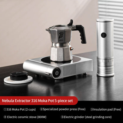 BINCOO Nebula Extractor 316 Stainless Steel Moka Pot with Built-in Filter Basket Coffee Extraction Pot Espresso Coffee Maker Set 2Cups