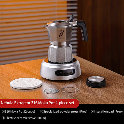 BINCOO Nebula Extractor 316 Stainless Steel Moka Pot with Built-in Filter Basket Coffee Extraction Pot Espresso Coffee Maker Set 2Cups