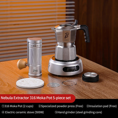 BINCOO Nebula Extractor 316 Stainless Steel Moka Pot with Built-in Filter Basket Coffee Extraction Pot Espresso Coffee Maker Set 2Cups