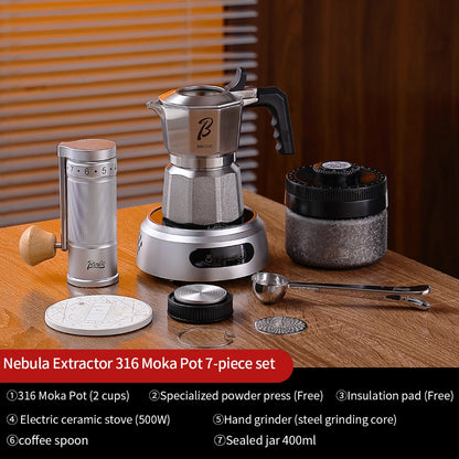 BINCOO Nebula Extractor 316 Stainless Steel Moka Pot with Built-in Filter Basket Coffee Extraction Pot Espresso Coffee Maker Set 2Cups