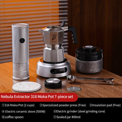 BINCOO Nebula Extractor 316 Stainless Steel Moka Pot with Built-in Filter Basket Coffee Extraction Pot Espresso Coffee Maker Set 2Cups