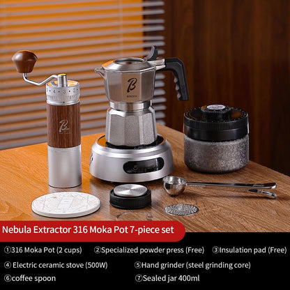 BINCOO Nebula Extractor 316 Stainless Steel Moka Pot with Built-in Filter Basket Coffee Extraction Pot Espresso Coffee Maker Set 2Cups