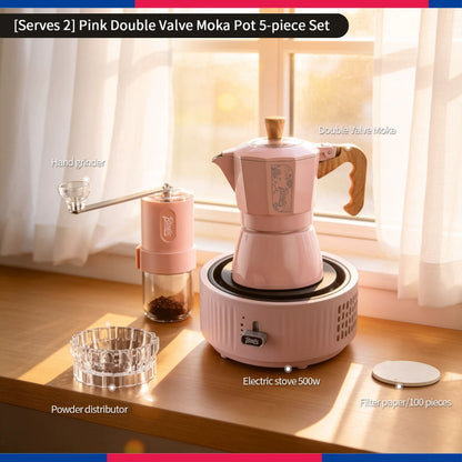 BINCOO Pink Series Double Valve Moka Pot Set with Electric Coffee Grinder Mini Portable Italian Espresso Coffee Utensil Kit for Home Use 2Cups/4Cups
