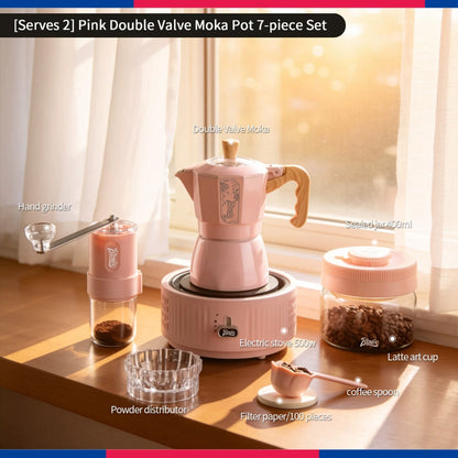 BINCOO Pink Series Double Valve Moka Pot Set with Electric Coffee Grinder Mini Portable Italian Espresso Coffee Utensil Kit for Home Use 2Cups/4Cups