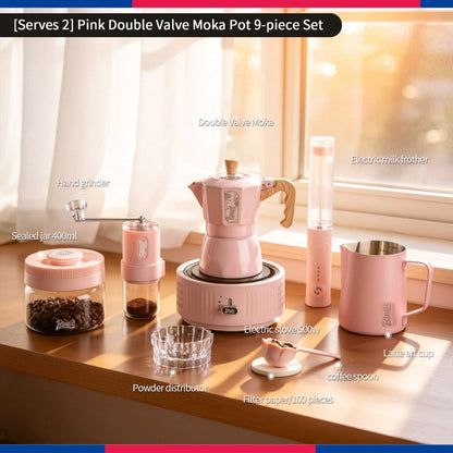 BINCOO Pink Series Double Valve Moka Pot Set with Electric Coffee Grinder Mini Portable Italian Espresso Coffee Utensil Kit for Home Use 2Cups/4Cups