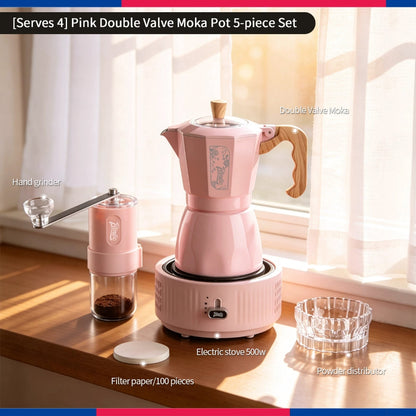 BINCOO Pink Series Double Valve Moka Pot Set with Electric Coffee Grinder Mini Portable Italian Espresso Coffee Utensil Kit for Home Use 2Cups/4Cups