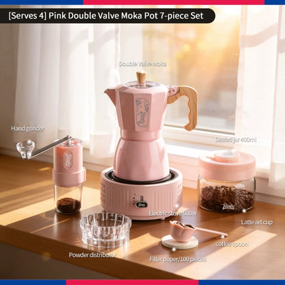 BINCOO Pink Series Double Valve Moka Pot Set with Electric Coffee Grinder Mini Portable Italian Espresso Coffee Utensil Kit for Home Use 2Cups/4Cups