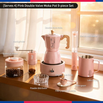 BINCOO Pink Series Double Valve Moka Pot Set with Electric Coffee Grinder Mini Portable Italian Espresso Coffee Utensil Kit for Home Use 2Cups/4Cups