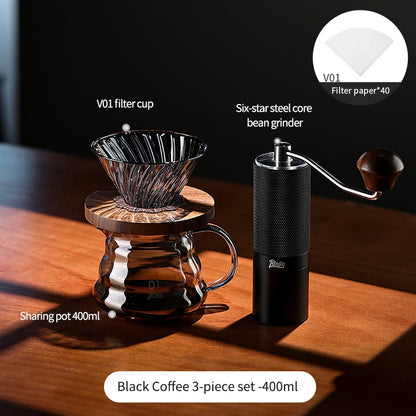 BINCOO V60 Glass Drip Coffee Maker Set Complete Hand Brew Kit with Glass Server & Manual Coffee Grinder