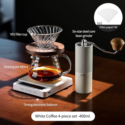 BINCOO V60 Glass Drip Coffee Maker Set Complete Hand Brew Kit with Glass Server & Manual Coffee Grinder