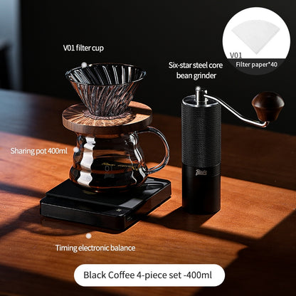 BINCOO V60 Glass Drip Coffee Maker Set Complete Hand Brew Kit with Glass Server & Manual Coffee Grinder