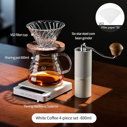 BINCOO V60 Glass Drip Coffee Maker Set Complete Hand Brew Kit with Glass Server & Manual Coffee Grinder