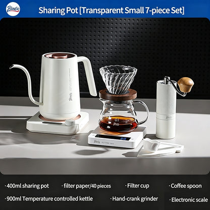 BINCOO Pour Over Coffee Kit with Electric Kettle Glass Sharing Pot V01 Glass Dripper & Stainless Steel Spout Gooseneck Kettle