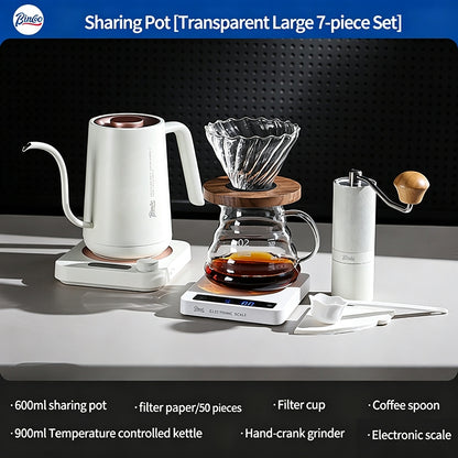 BINCOO Pour Over Coffee Kit with Electric Kettle Glass Sharing Pot V01 Glass Dripper & Stainless Steel Spout Gooseneck Kettle
