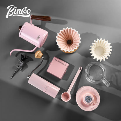 BINCOO Pink Pour Over Coffee Set Complete Kit with Glass Server Ceramic V60 Dripper & Manual Coffee Grinder for Home & Office