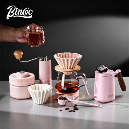 BINCOO Pink Pour Over Coffee Set Complete Kit with Glass Server Ceramic V60 Dripper & Manual Coffee Grinder for Home & Office