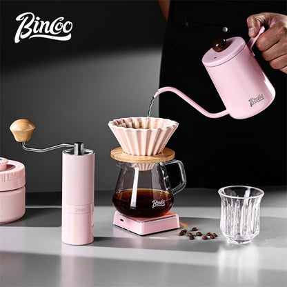 BINCOO Pink Pour Over Coffee Set Complete Kit with Glass Server Ceramic V60 Dripper & Manual Coffee Grinder for Home & Office