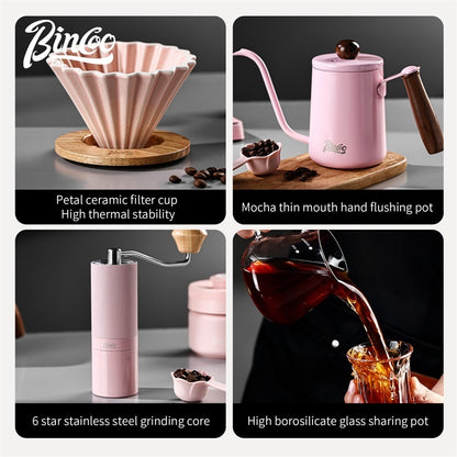 BINCOO Pink Pour Over Coffee Set Complete Kit with Glass Server Ceramic V60 Dripper & Manual Coffee Grinder for Home & Office
