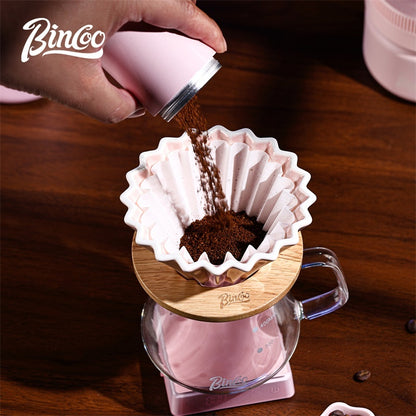 BINCOO Pink Pour Over Coffee Set Complete Kit with Glass Server Ceramic V60 Dripper & Manual Coffee Grinder for Home & Office