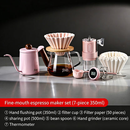 BINCOO Pink Pour Over Coffee Set Complete Kit with Glass Server Ceramic V60 Dripper & Manual Coffee Grinder for Home & Office