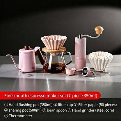 BINCOO Pink Pour Over Coffee Set Complete Kit with Glass Server Ceramic V60 Dripper & Manual Coffee Grinder for Home & Office