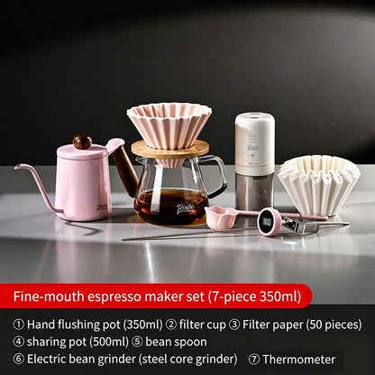 BINCOO Pink Pour Over Coffee Set Complete Kit with Glass Server Ceramic V60 Dripper & Manual Coffee Grinder for Home & Office