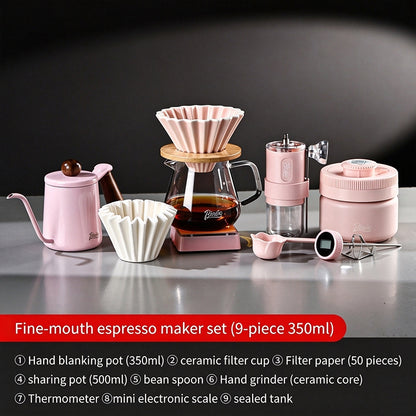 BINCOO Pink Pour Over Coffee Set Complete Kit with Glass Server Ceramic V60 Dripper & Manual Coffee Grinder for Home & Office