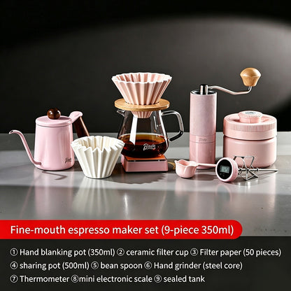 BINCOO Pink Pour Over Coffee Set Complete Kit with Glass Server Ceramic V60 Dripper & Manual Coffee Grinder for Home & Office