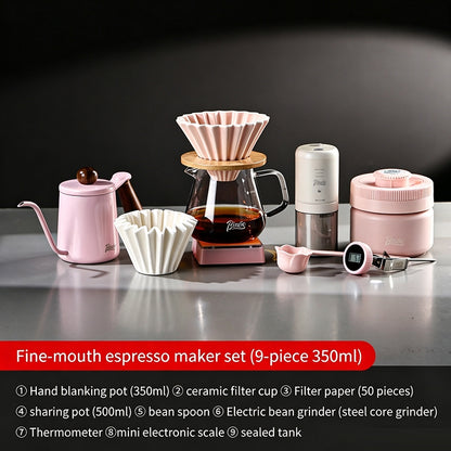 BINCOO Pink Pour Over Coffee Set Complete Kit with Glass Server Ceramic V60 Dripper & Manual Coffee Grinder for Home & Office
